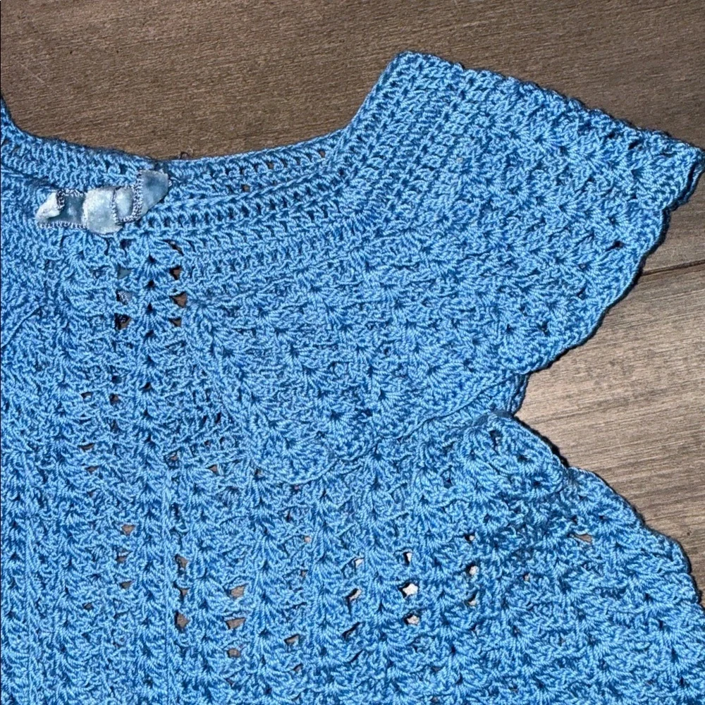 Vintage Hand Crocheted Baby Dress Blue Scalloped Hem Size 6-9M